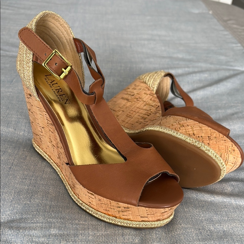 Brown Ralph Lauren cork and gold  Wedge Sandals
